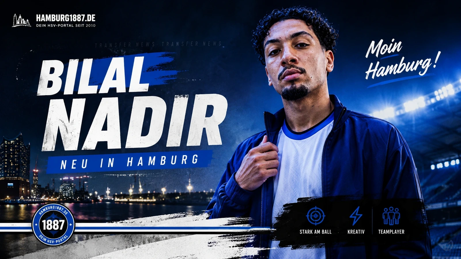 Bilal Nadir als offizieller HSV-Neuzugang in einer redaktionellen Hamburg1887-Grafik