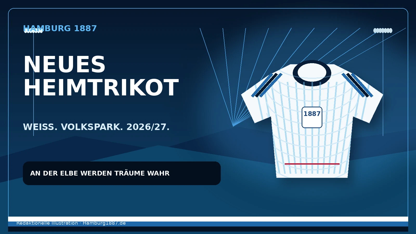 Redaktionelle Illustration des weißen HSV-Heimtrikots 2026/27 mit hellblauem Stadionmuster