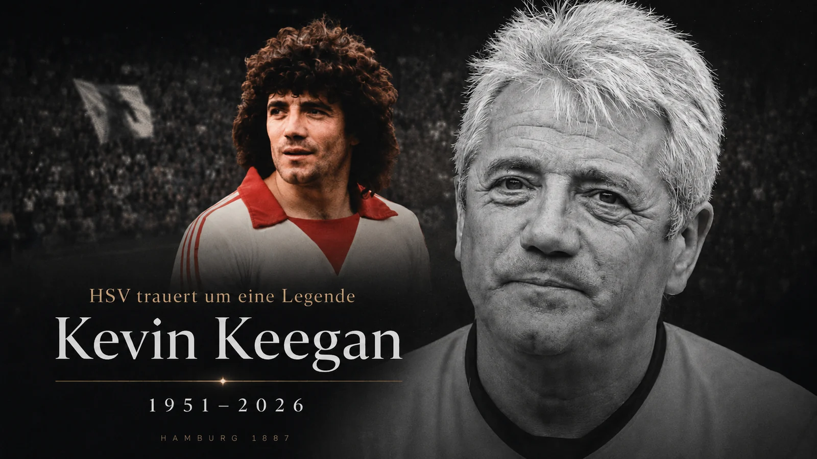 Gedenkgrafik für Kevin Keegan mit Porträts aus seiner Zeit als HSV-Spieler und aus späteren Jahren