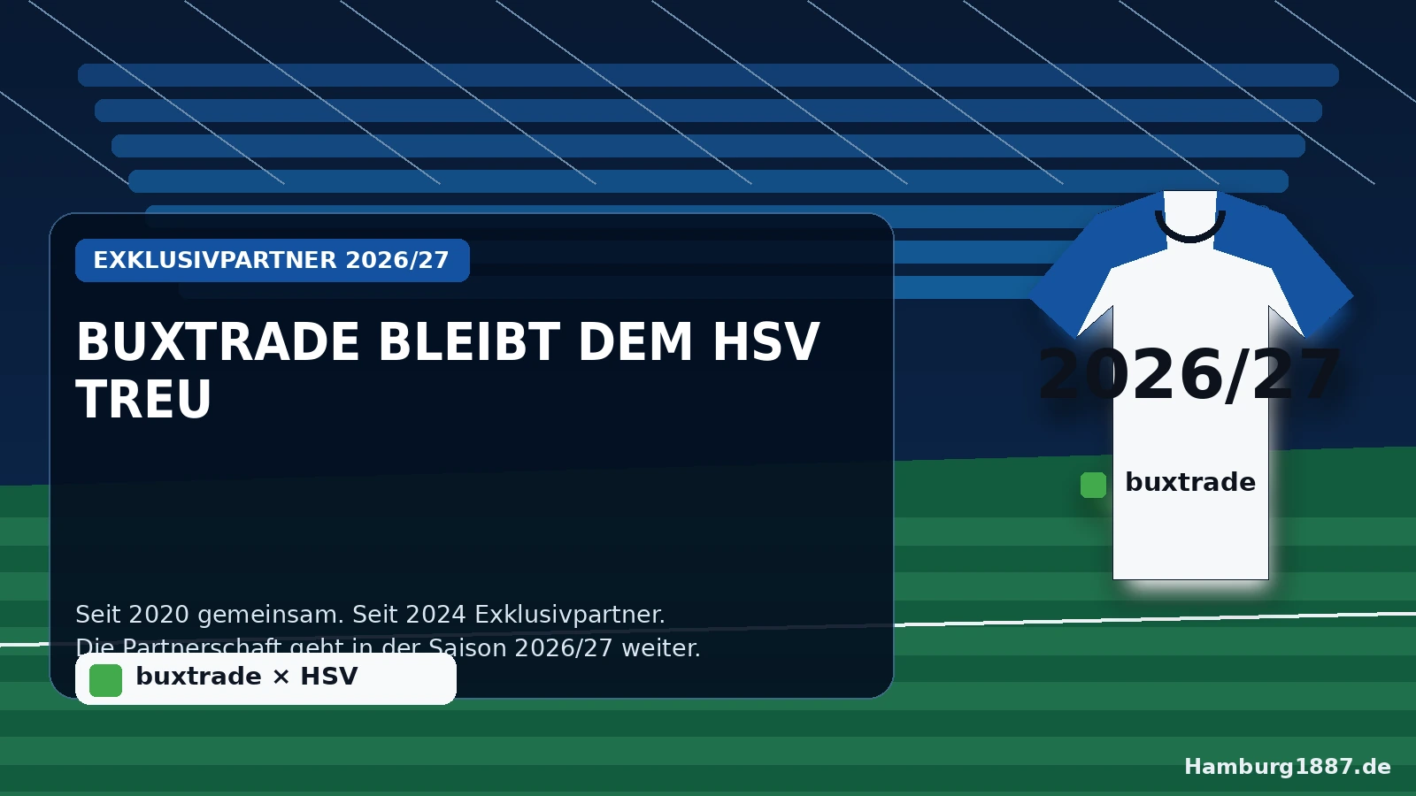 Redaktionelle Illustration zur Partnerschaft zwischen dem HSV und Buxtrade mit Fußballtrikot und Buxtrade-Schriftzug
