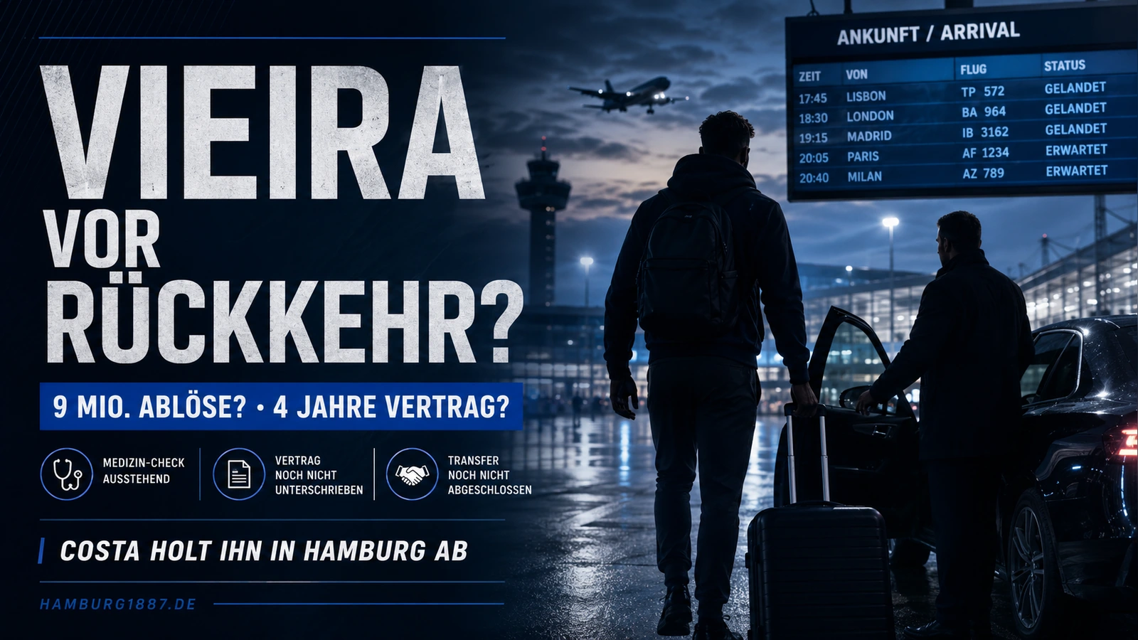 Hamburg1887-Newsgrafik zur möglichen festen HSV-Rückkehr von Fábio Vieira mit Flughafen-Ankunft, Koffer und Transfer-Status