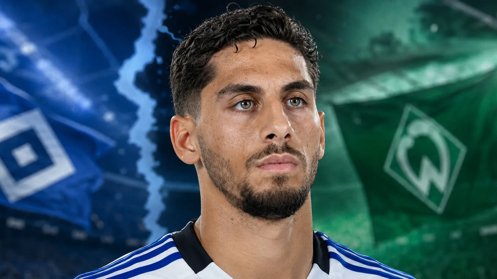 Ludovit Reis als Kopfporträt vor blau-grün geteiltem Stadionhintergrund zur Meldung über einen möglichen Wechsel zu Werder Bremen