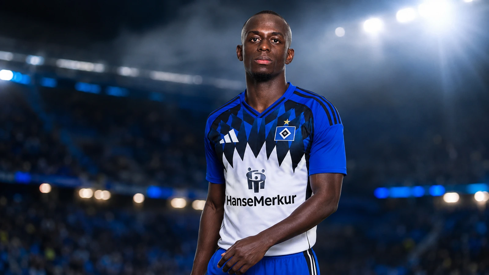 Redaktionell bearbeitetes Porträt von Jean-Luc Dompé vor einer eigenständigen Stadionkulisse zur Freistellung beim HSV