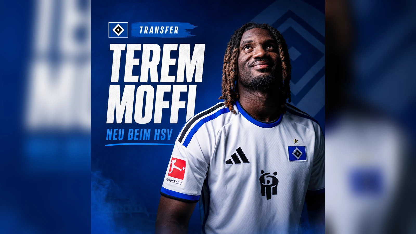 Hamburg1887-Newsgrafik zum HSV-Transfer von Terem Moffi im weißen HSV-Trikot