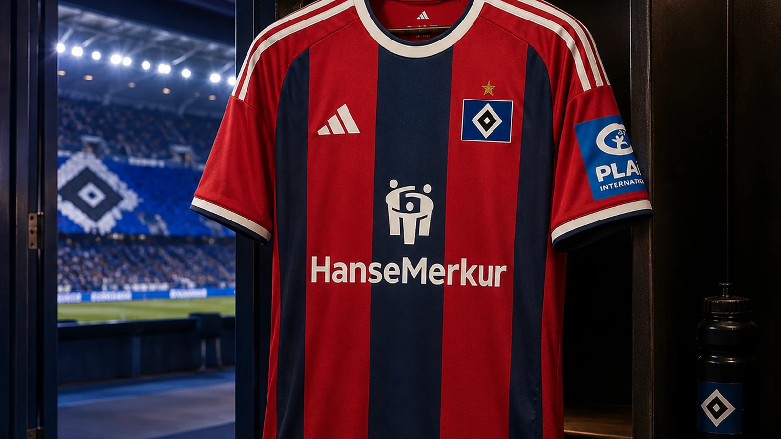 Das neue HSV-Ausweichtrikot 2026/27 hängt in einer dramatischen Stadion- und Kabinenszene.