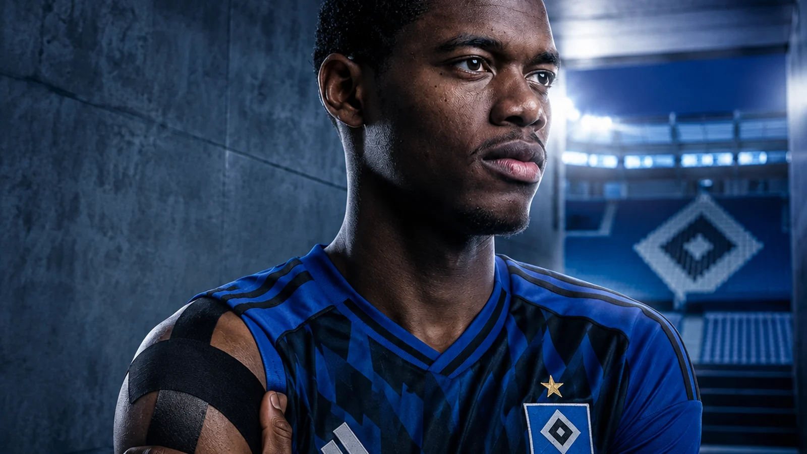 Warmed Omari im HSV-Trikot hält seine getapte Schulter im Spielertunnel
