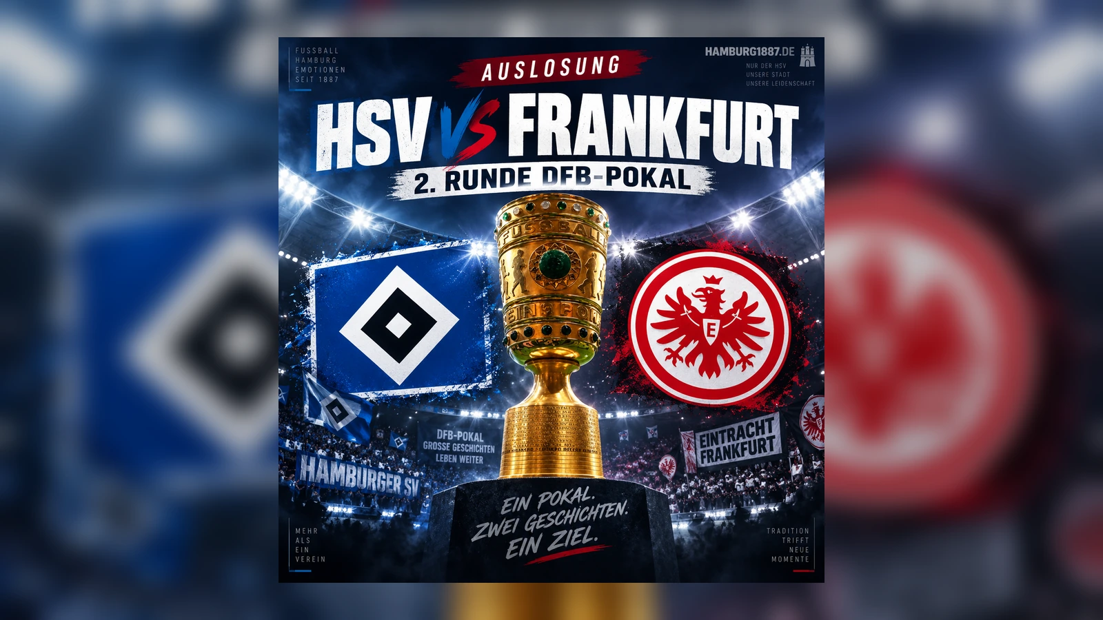 Hamburg1887-Newsgrafik zur DFB-Pokal-Auslosung mit HSV gegen Eintracht Frankfurt in der zweiten Runde