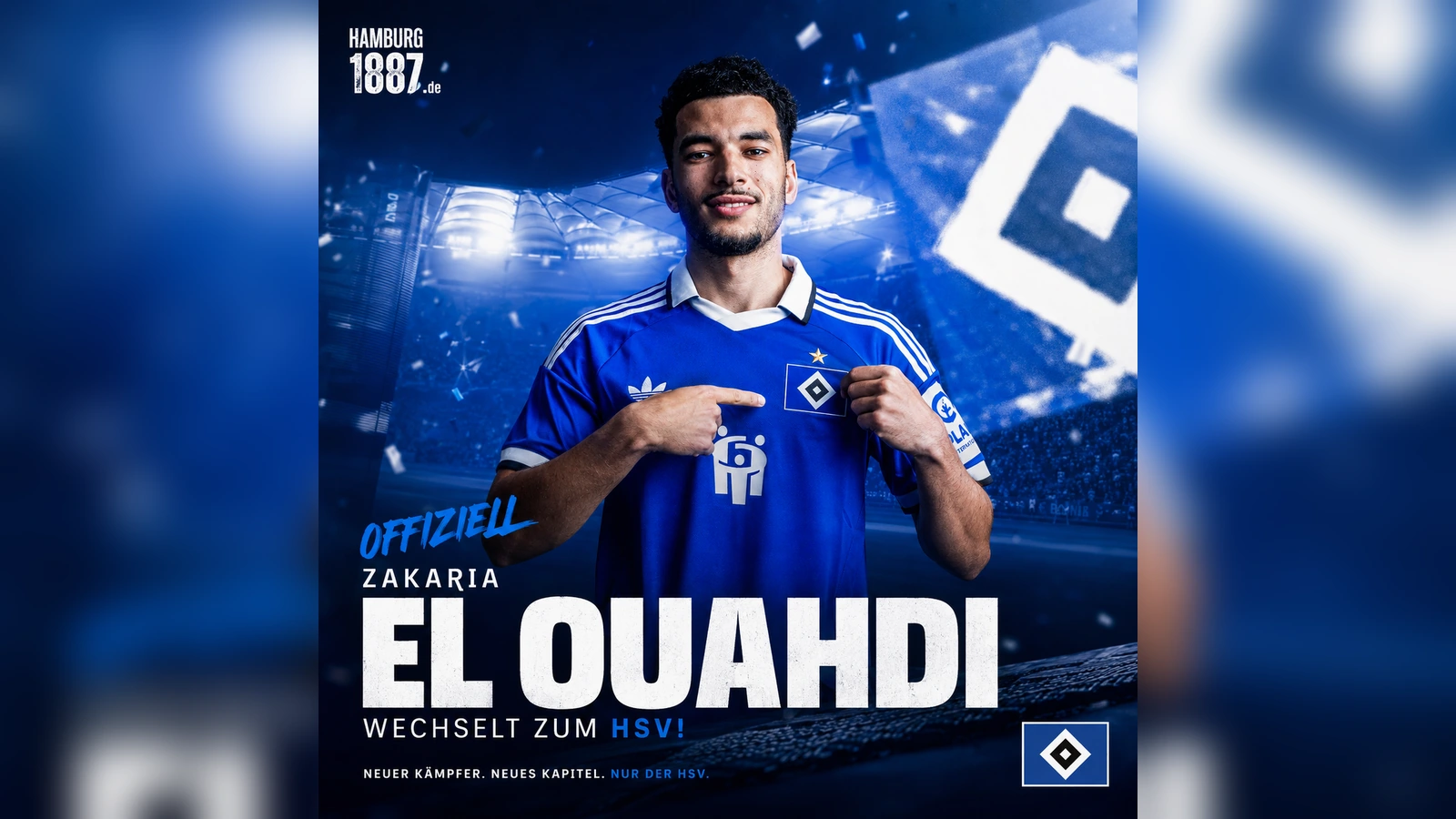 Hamburg1887-Newsbild mit Zakaria El Ouahdi im HSV-Trikot vor blauem Stadionhintergrund