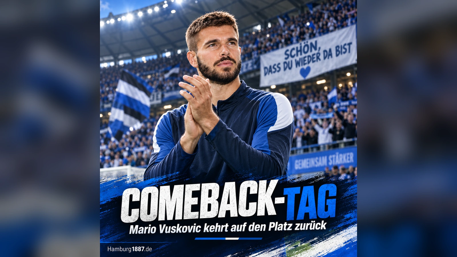 Emotionale Hamburg1887-Newsgrafik zum Comeback von Mario Vušković am 15. September 2026 – Bildvariante B