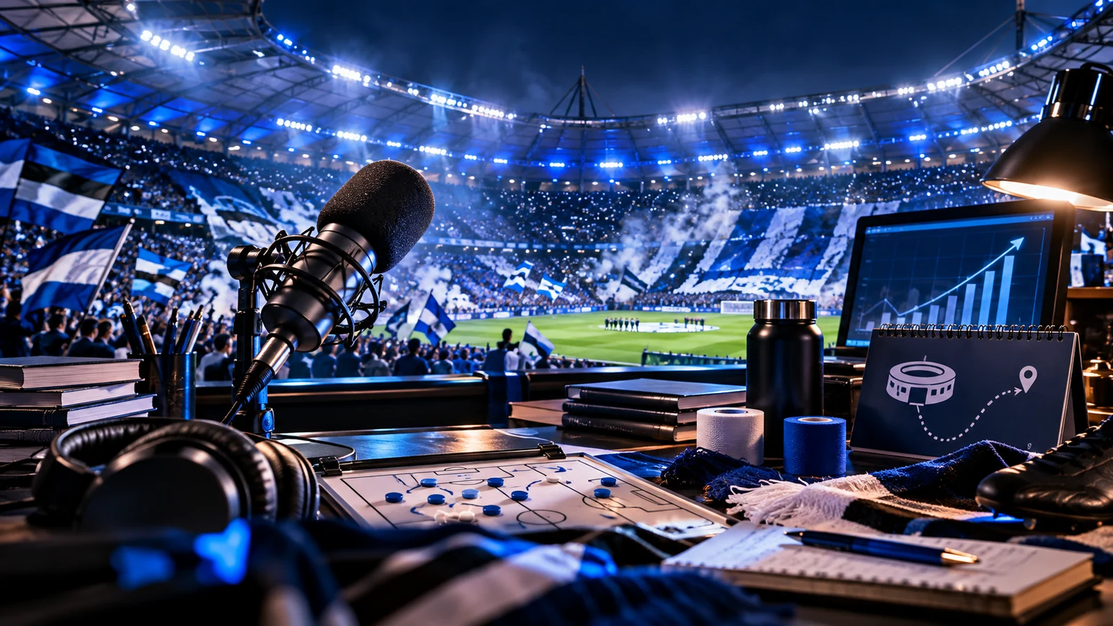 Eigene Hamburg1887-Illustration eines HSV-Fantalk-Studios mit Mikrofon, Taktiktafel und voller Fußballstadion-Kulisse