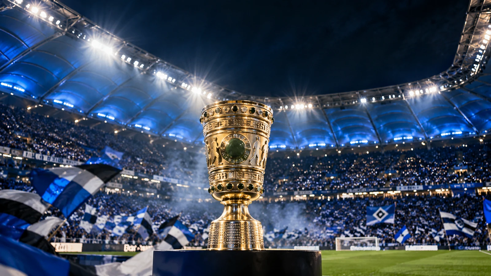 Emotionale redaktionelle Illustration eines Pokalabends im blau-weiß-schwarzen Volksparkstadion mit symbolischem Pokal im Flutlicht
