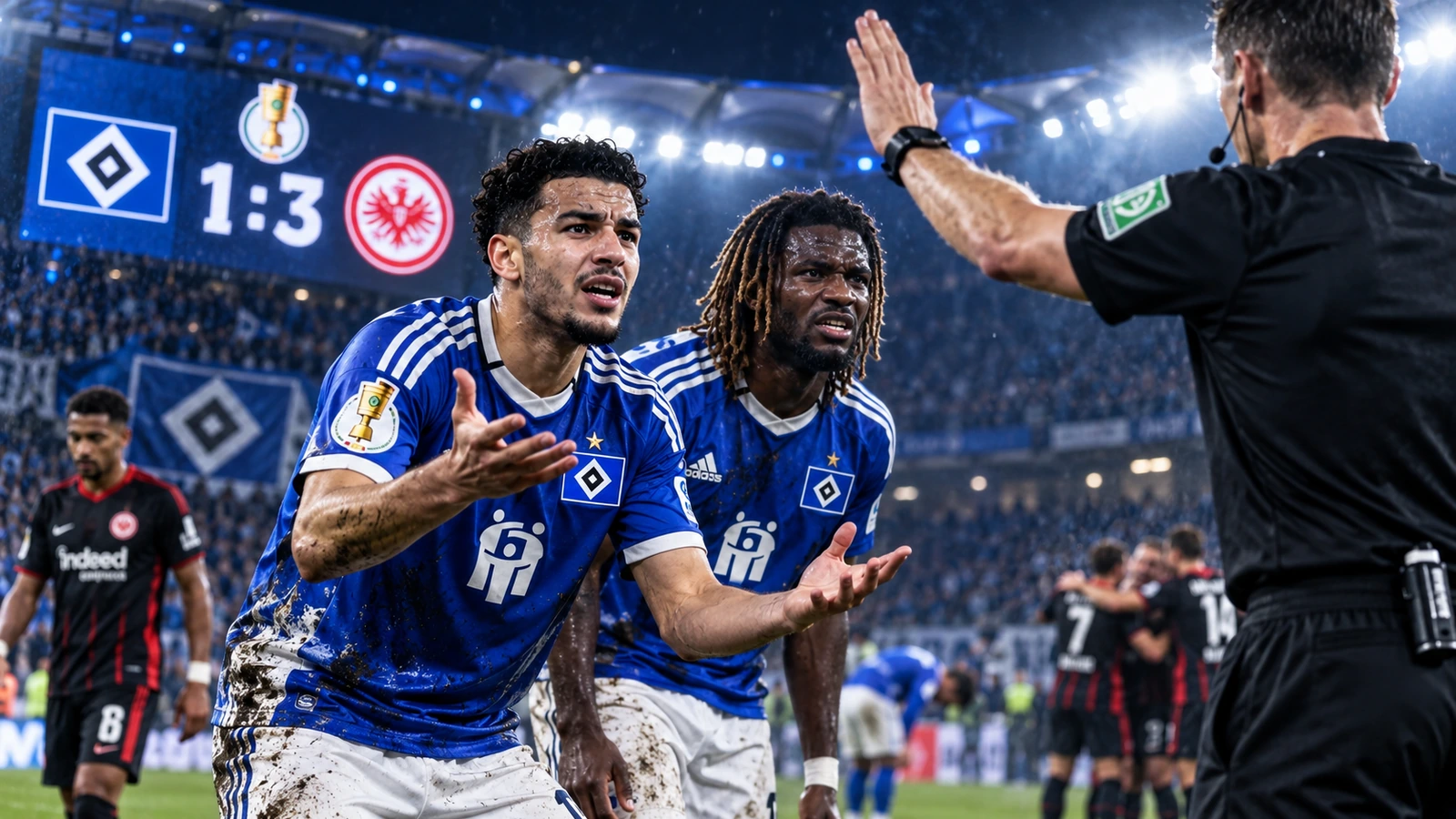 HSV-Spieler reklamieren nach umstrittener Schiedsrichterentscheidung im Pokalspiel gegen Eintracht Frankfurt