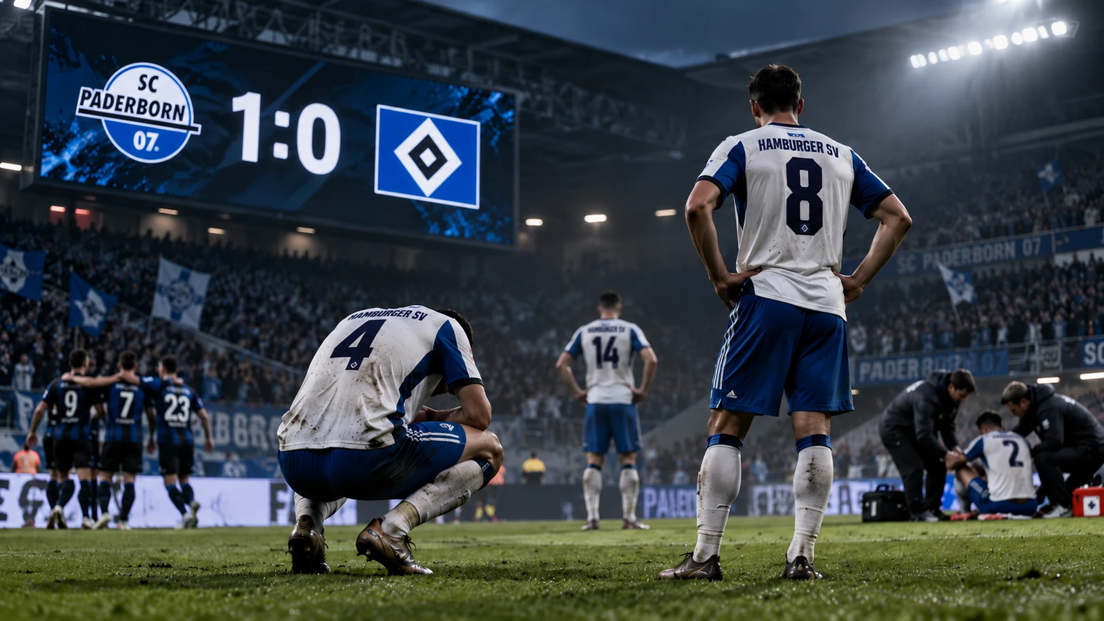 Redaktionelles Symbolbild zur 0:1-Niederlage des Hamburger SV in Paderborn: enttäuschte HSV-Spieler vor einer Anzeigetafel