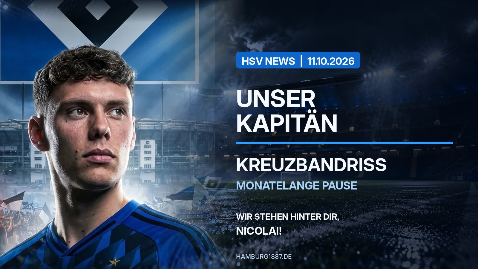 Nicolai Remberg im unveränderten portalinternen Portrait vor einer düsteren Stadionkulisse; Newsbild zum bestätigten Kreuzbandriss des HSV-Kapitäns