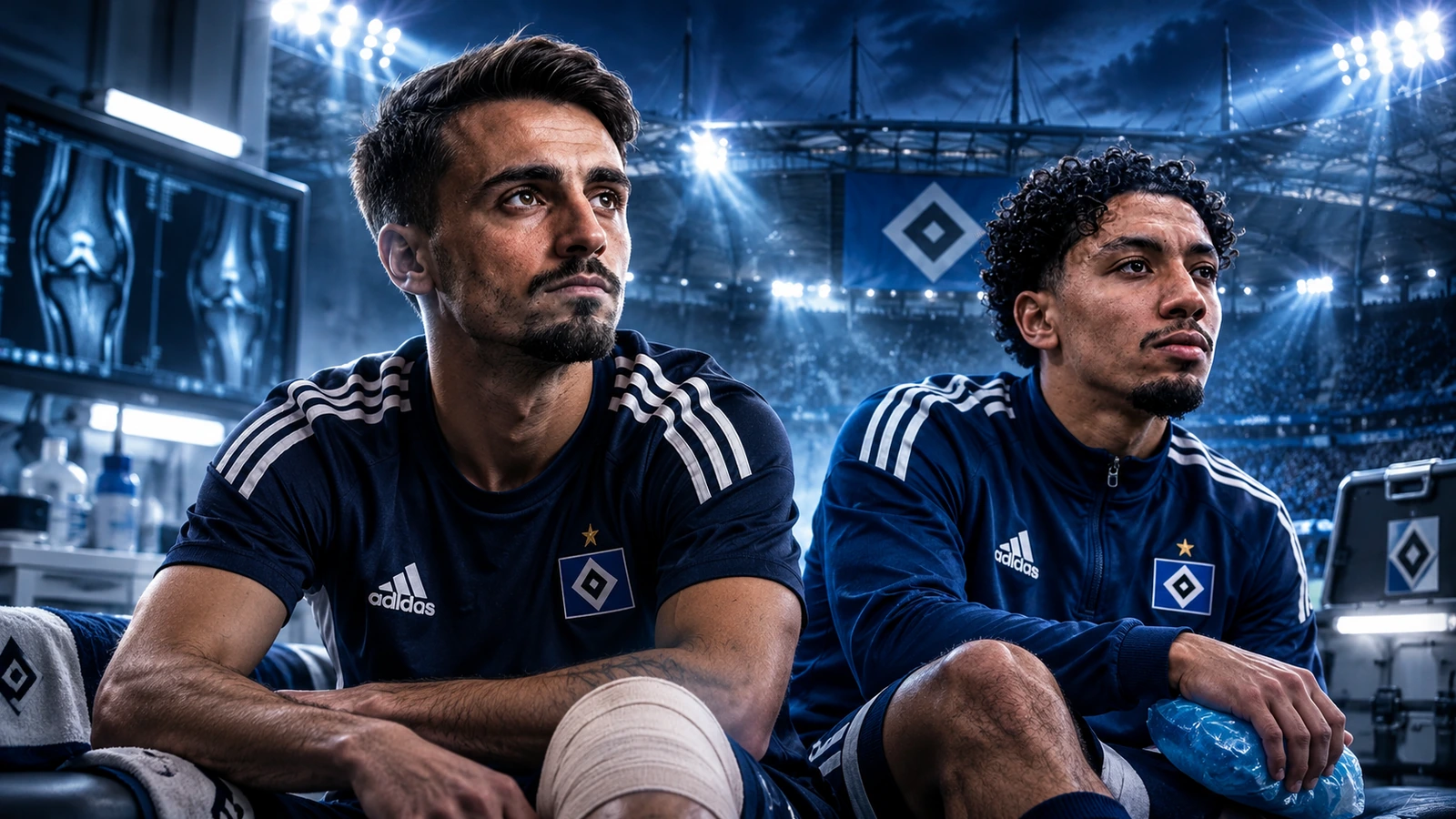 Fabio Vieira und Bilal Nadir in einer dramatischen Hamburg1887-Newsgrafik zum Verletzungsupdate des HSV