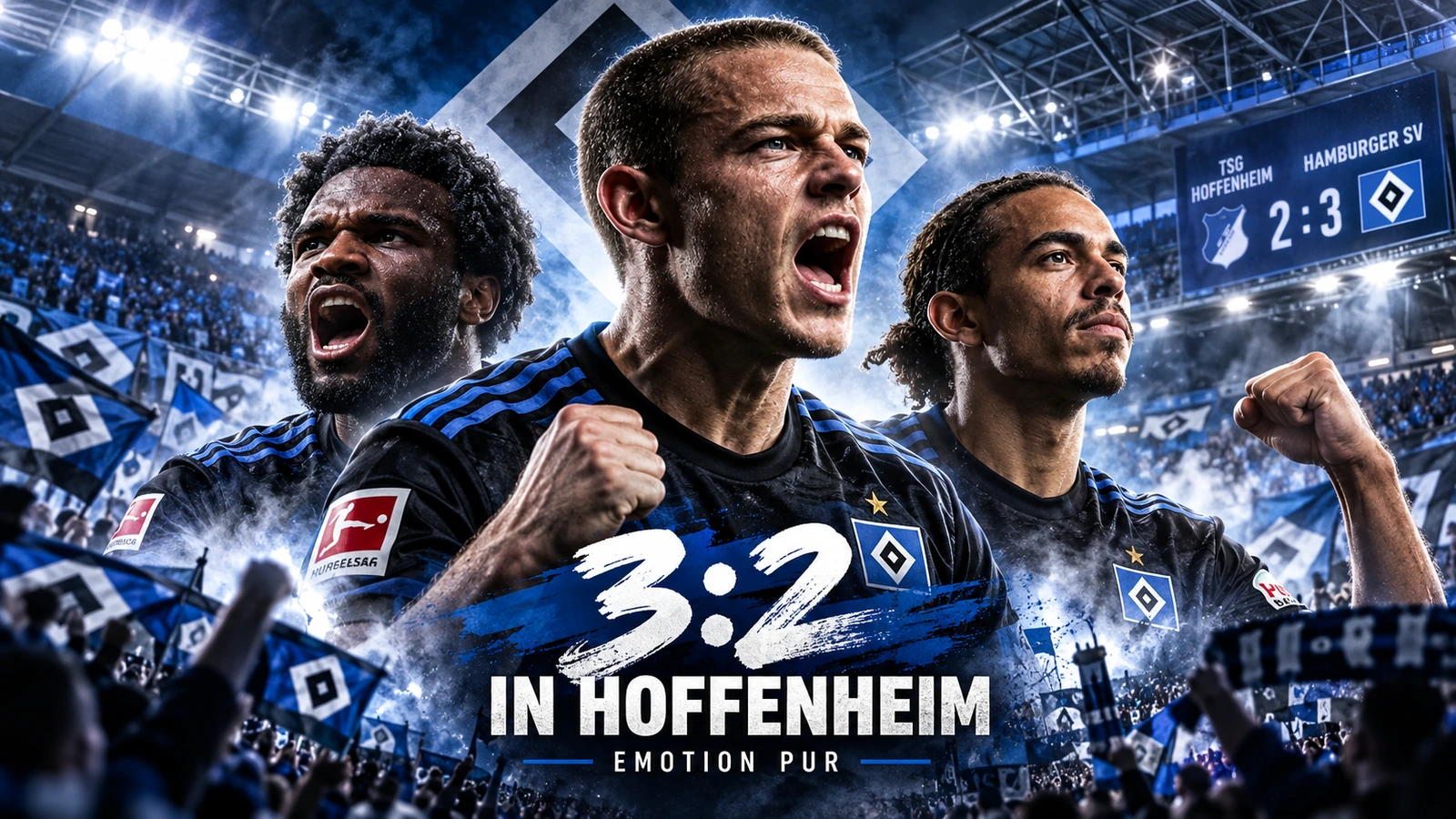 HSV-Newsbild zum 3:2-Auswärtssieg bei der TSG Hoffenheim mit Miro Muheim, Terem Moffi und Yussuf Poulsen